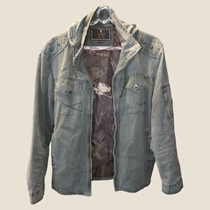 JINWU XL Military Look Jacket Military Green Embroidered patch Zipper Pockets